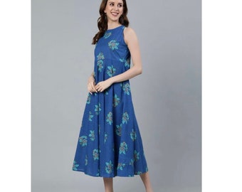 May include: A blue sleeveless dress with a floral print. The dress has a round neckline and a flared skirt.