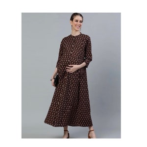 Maternity Brown Abstract Print Dress, Nursing Dress, Feeding Dress, Pregnancy Dress, Feeding Gown,Ethnic Feeding Dress, Cotton Feeding Dress