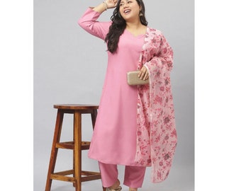 Plus Size Pink Kurti / Kurta Pant Set with Dupatta