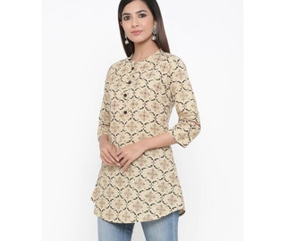 Tunique crème imprimée Kurti, Kurti d’été, Tunique d’été, Tunique en coton, Tunique de vacances, Haut court, Tunique ethnique Boho, Kurti court traditionnel