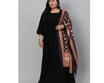 Plus Size Black Long Kurti Dress Maxi Dress with Dupatta