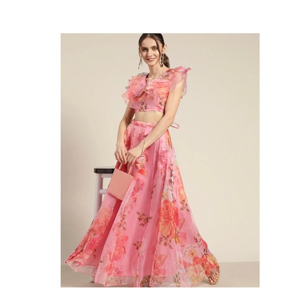 Organza Pink Floral Top and Skirt Lengha, Choli Lehenga Choli, Party Wear Lengha Choli, Skirt and Top Set, Reception Wear Bollywood Lengha