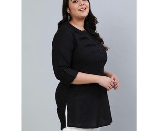 Black Plus Size Pleated Tunic Kurti, Summer Tunic, Cotton Top For Oversized Women, Plus Size Top, Summer Top Women&#39;s Summer Tunic Beach