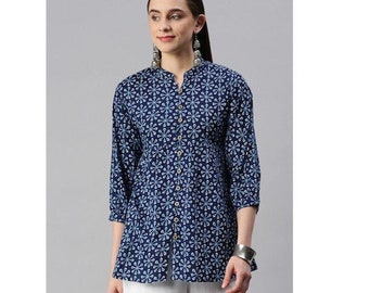 Blue Printed Peplum Kurti – Rayon Tunic Top