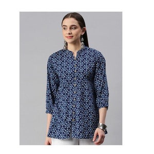 Blue Printed Peplum Rayon Tunic / Kurti Kurta Top, Short Top, Gift for Her, Ethnic Kurti / Tunic, Kurtis for Women, Tunic, Boho, Blouse