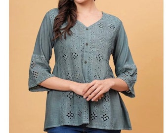 Soft Rayon Kurti Tunic Top, Embroidered 3/4 Sleeve