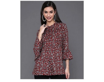 Maroon Floral Tunic Top | Flared Cotton Kurti