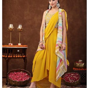 Mustard Indo Western Georgette Draped Lehenga & Blouse With Printed Jacket, Indo Western, Lengha Outfit, Lengha Choli