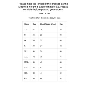 May include: Size chart for clothing with measurements in inches for bust, waist, and hips. Sizes range from XS to 6XL.