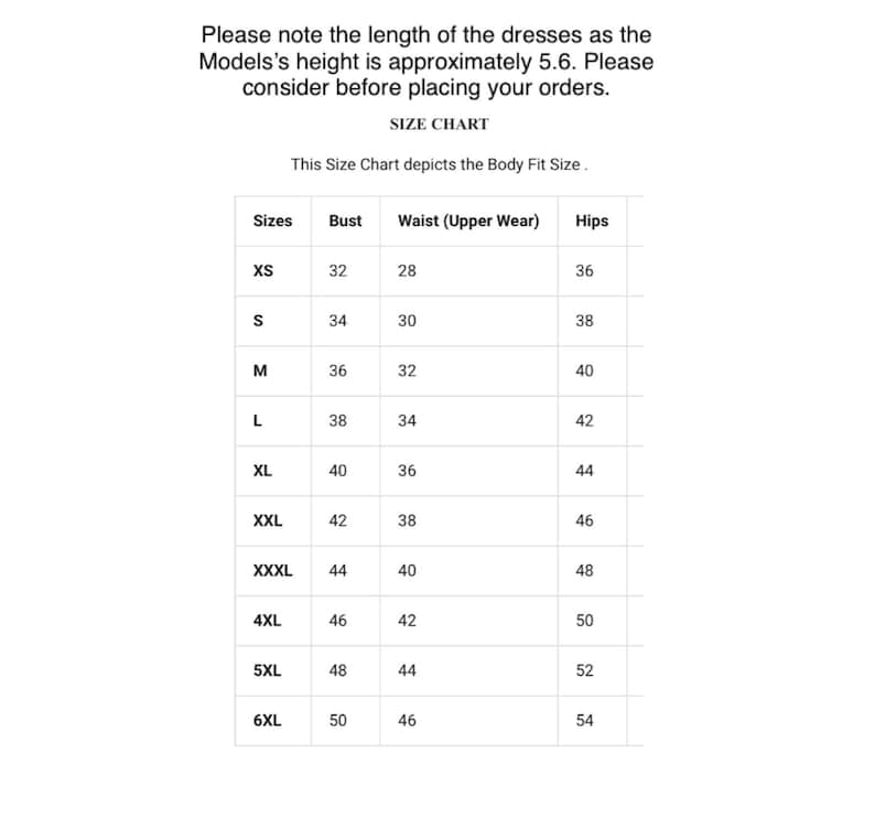 May include: Size chart for clothing with measurements in inches for bust, waist, and hips. Sizes range from XS to 6XL.