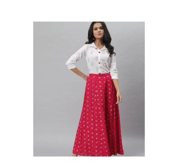 Rayon Gold Printed Shirt and Skirt Set 