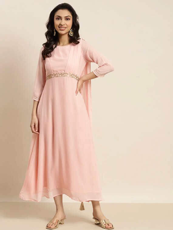Baby Pink Kurti Dress With Attached Dupatta and Embroidered Belt - Etsy New  Zealand