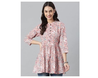 Light Pink Floral Kurti Tunic – Cotton Babydoll Top