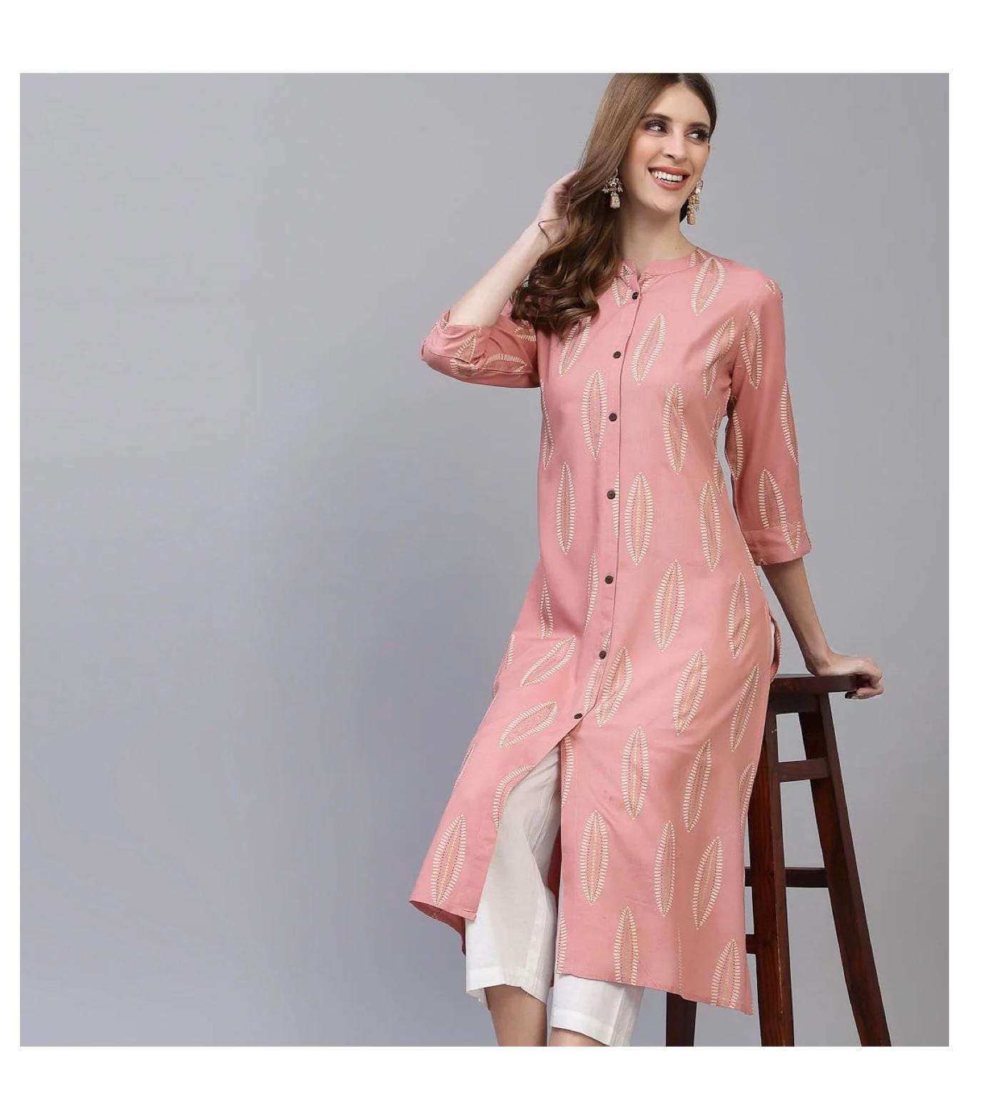 Bollywood Cotton Kurta For Women - Indian Designer Ethnic Tunic Dress, 3/4 Sleeves, 46 Inch Length