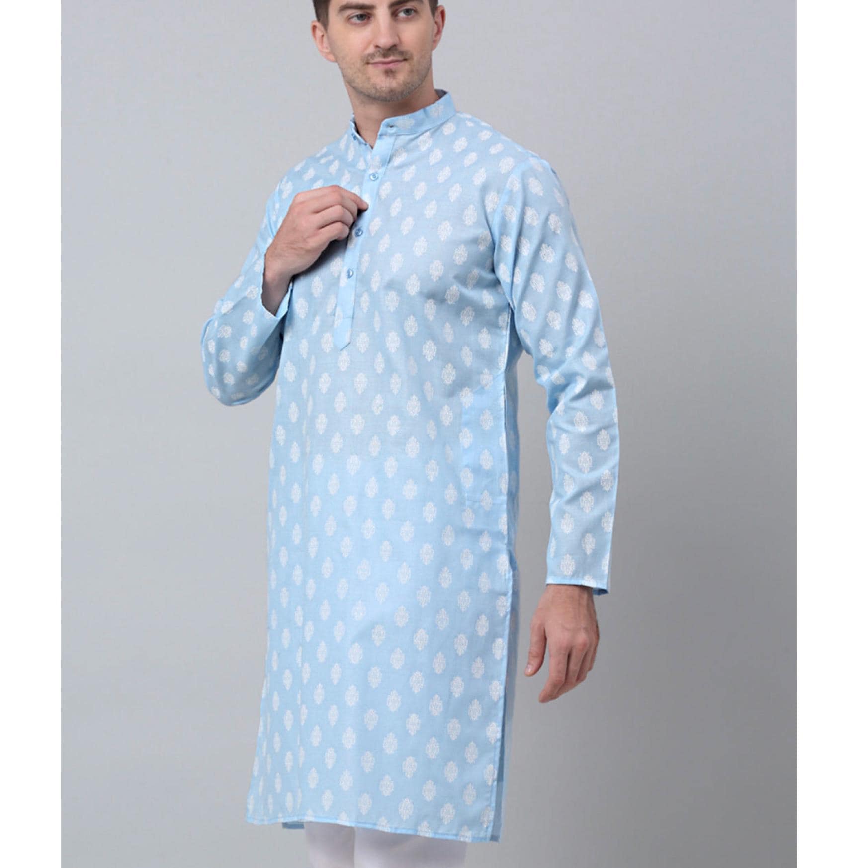 Men's Casual Cotton Blend Kurta - Light Blue, White Motif, Nehru Neck