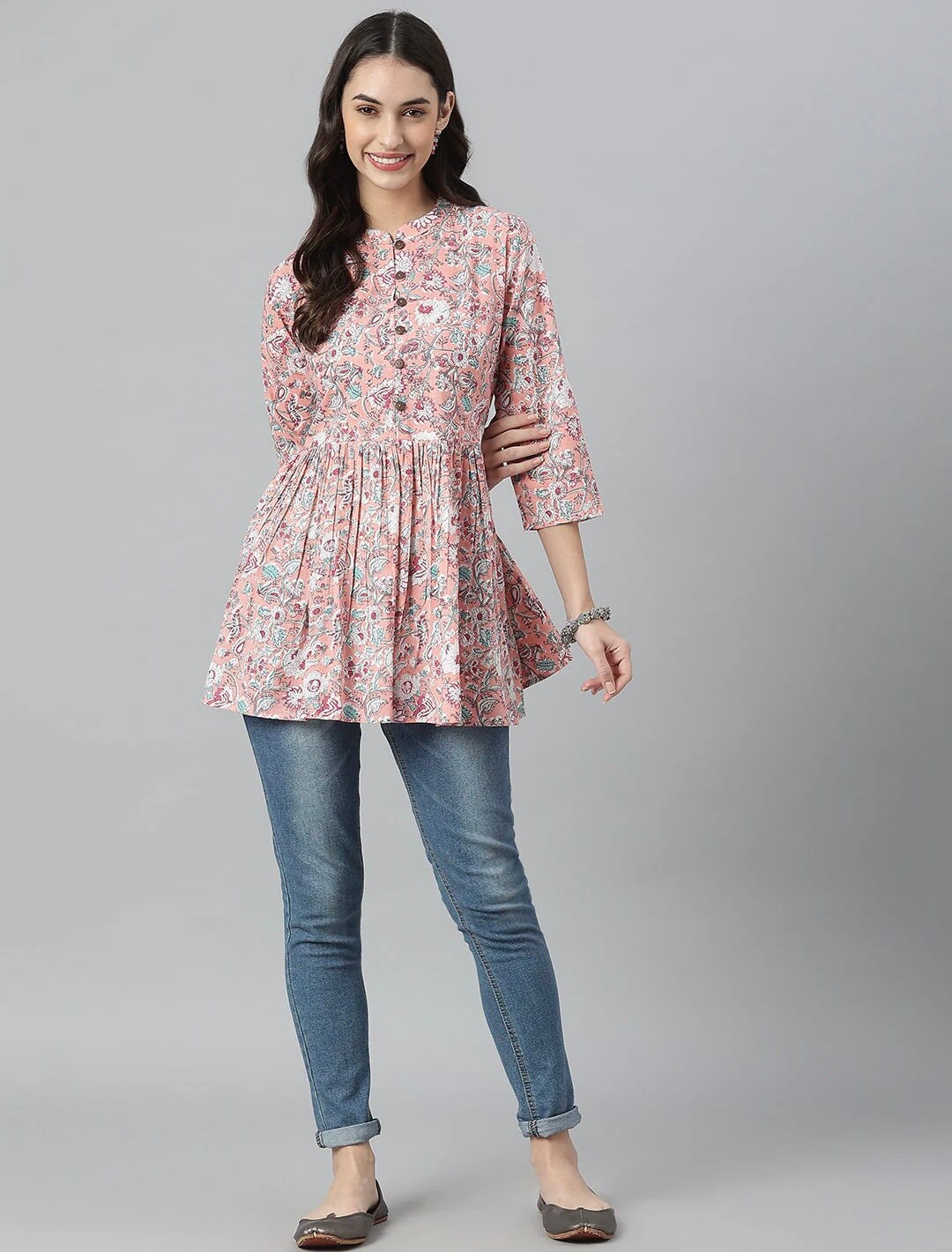 Floral Printed Short Kurti for Women – Lavender & Yellow Cotton Blend Tunic | 3/4 Sleeves main image 0