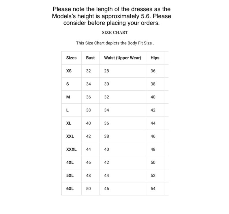 May include: Size chart for clothing with measurements in inches for bust, waist, and hips. Sizes range from XS to 6XL.