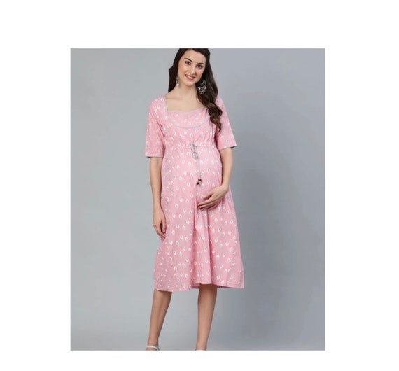 Pink Printed Maternity Dress, Kurti Maternity Dress, Nursing Dress