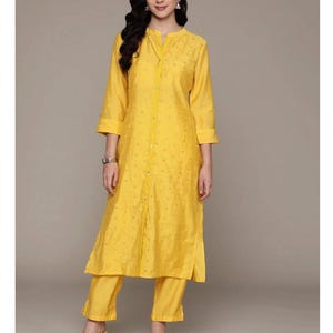 Yellow Silk Kurti Kurta Pant Set With Kurta/Kurti & Palazzo, Party Kurti Set, Eid , Gift For her, Partywear, Indian Wedding, Kurti Set