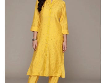 Yellow Silk Kurti Palazzo Set, Indian Partywear