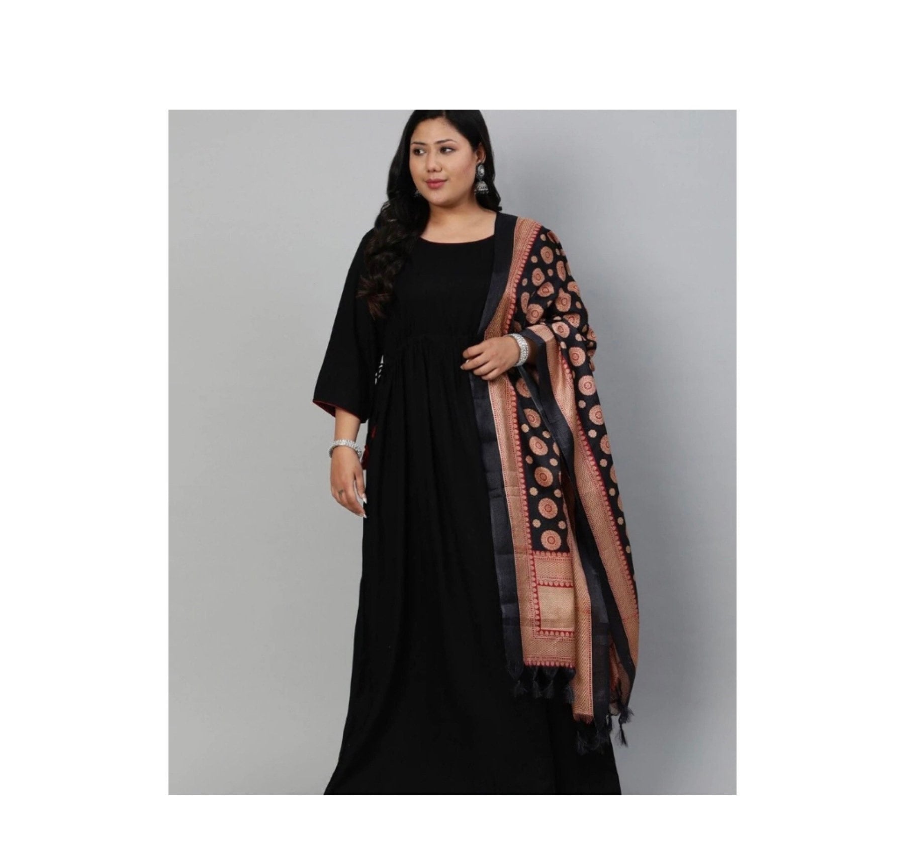 This three piece set includes kurta, palazzo and dupatta. Kurti Description  - Black rayon golden polka … | Black dresses classy, Dress indian style,  Stylish dresses