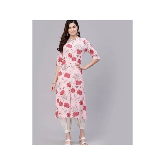 Floral Pink Rayon Kurti for Women  Elegant Summer Ethnic Dress | Relaxed Smart  Casual Outfit - Etsy
