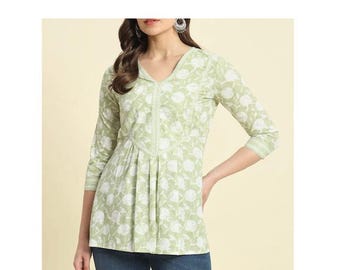 Floral Print Short Cotton Kurti Top – V Neck 3/4 Sleeve Indian Tunic
