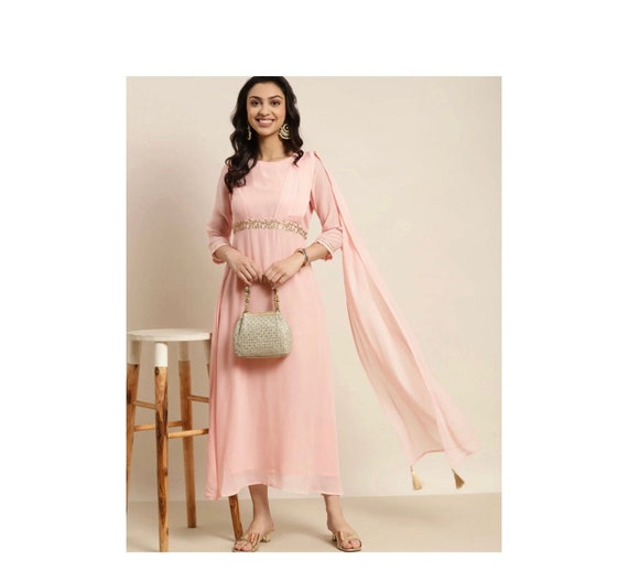 Get online offer on Crepe Kurtas Light Pink Color American Printed Short Kurta  Kurti For Girl – Lady India