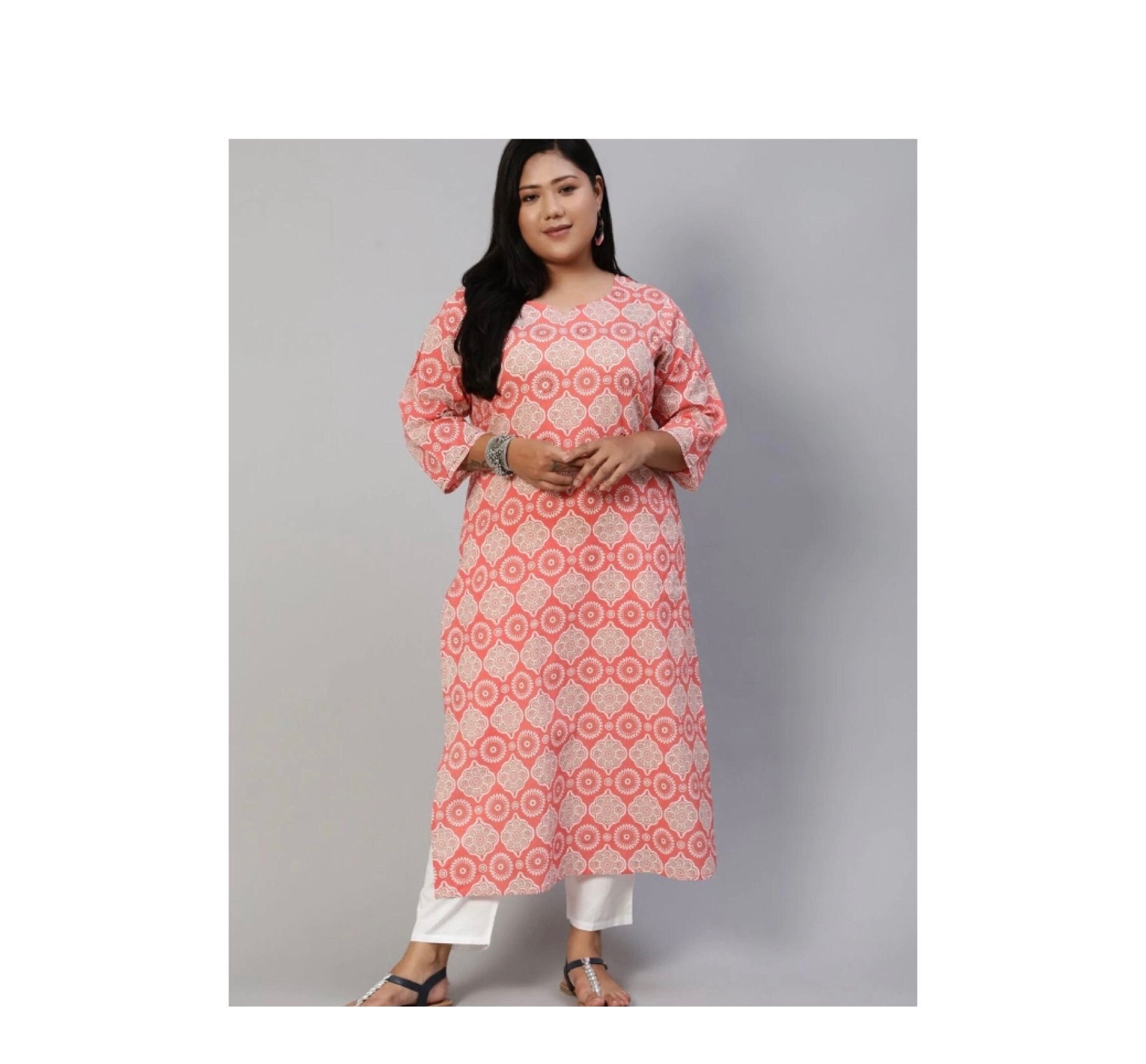 Plus Size Printed Hand Work Cotton Kurti / Kurta
