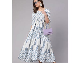 Blue Floral Boho Maxi Dress | Rayon Summer Dress
