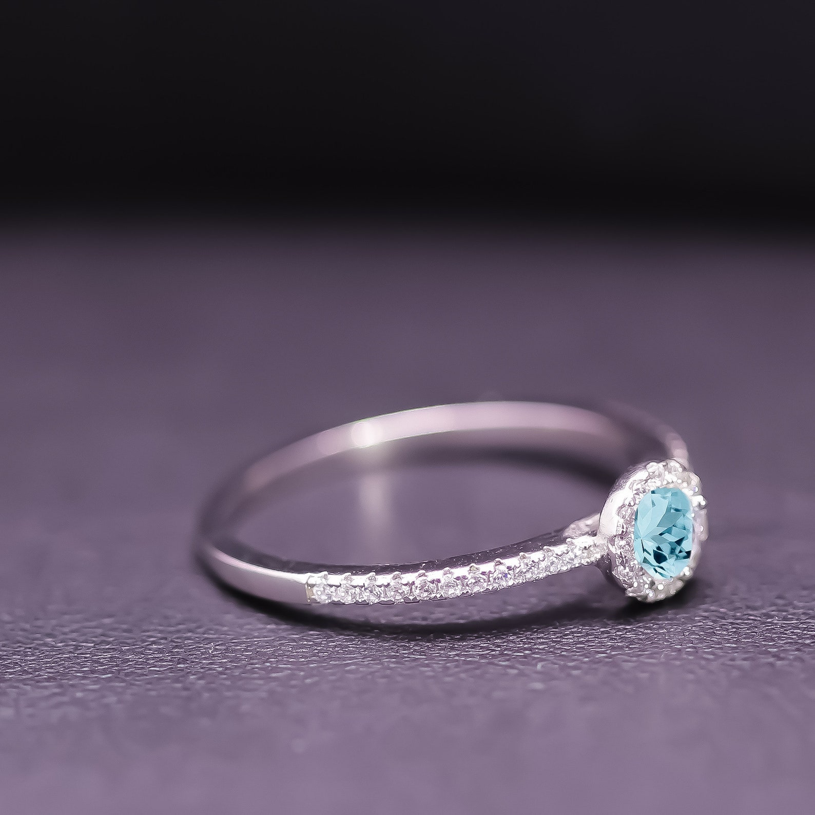Dainty Aquamarine Engagement Ring Aquamarine Round Halo Ring Etsy