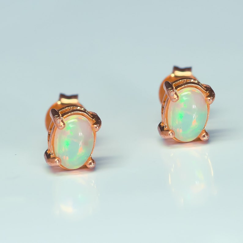 Opal Stud Earrings 14K Gold/Minimalist Oval Opal earrings 9K | Etsy