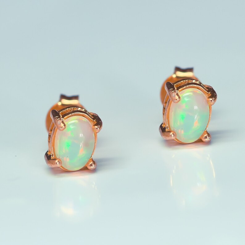 Opal Stud Earrings 14K Gold/Minimalist Oval Opal earrings 9K Etsy