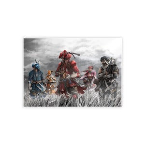 May include: A print depicting five figures in ornate armour, set against a cloudy sky and tall grass. The figures are in various colours, including red, blue, and pink, and appear to be warriors or characters from a fantasy setting.