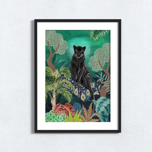 Black Panther Art Print, Emerald Green Jungle Print, Jungle Big Cat Wall art, Wild Cat Poster, Panther Painting Wall Decor, Set of Animals
