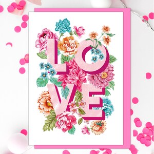 LOVE bloemenkaart// Bloemen Valentijnsdag kaart, Valentijns liefdeskaart, Liefde verlovingskaart, Bloemen jubileumkaart
