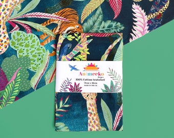 Jungle safari cotton teatowel // Novelty Tropical jungle teatowel, colourful animal tea towel