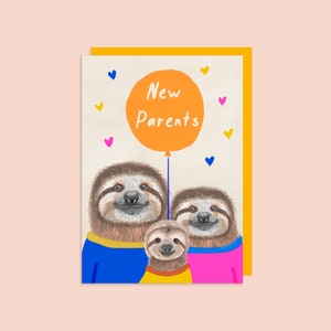 Nieuwe baby handgemaakte kaart // Nieuwe ouders kaart, Dierenliefhebbers gelegenheidskaart, Kaarten met liefde, Familie luiaard kaart, Baby douche kaart, Luiaard cadeau