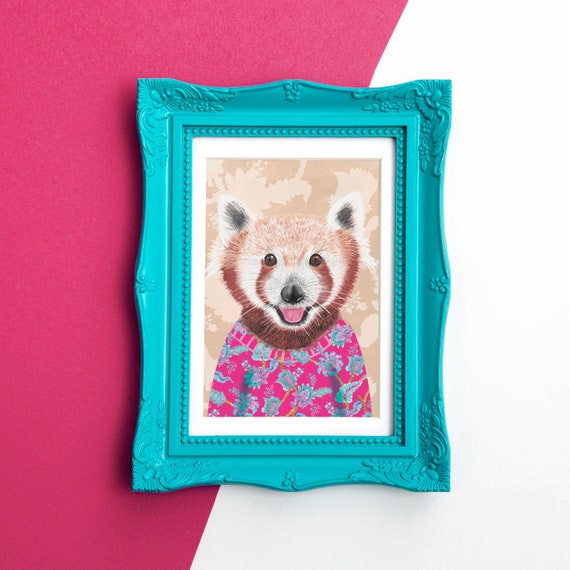 Living room wall art// Animal art print, Red panda, Animal portrait, Jungle animals, Animal illustration, Art Prints, handdrawn animals,
