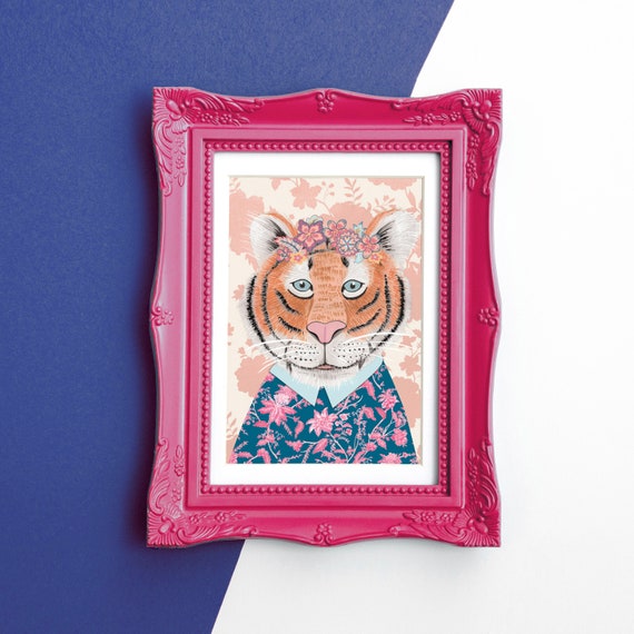 Floral tiger print// Quirky animal art, Funky tiger art print, Animal flower crown, Colourful tiger