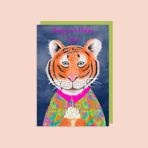 Carte d’anniversaire Tiger faite à la main// Carte d’amusement colorée pour tous, imprimé tigre, illustration de tigre d’anniversaire,