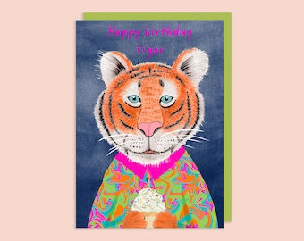 Carte d’anniversaire Tiger faite à la main// Carte d’amusement colorée pour tous, imprimé tigre, illustration de tigre d’anniversaire,