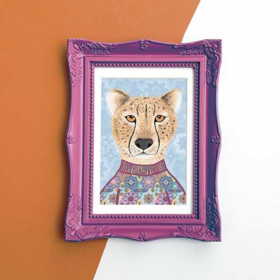 Fancy animal print// Cheetah painting, Funky cat print, Cheetah lover, Quirky art, Animals in jumpers