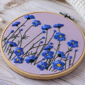 Blue flax embroidery pattern, wildflowers pattern, Modern floral design  for beginners, download pdf file, easy to embroider, wild herbs