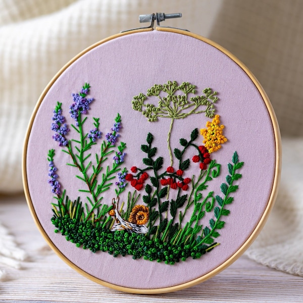 Garden flower embroidery pattern, wildflower bouquet embroidery kit , woodland herbal, cute home decor