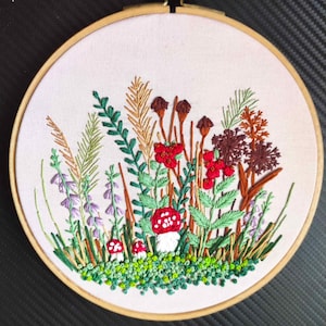 Embroidered mushroom pattern PDF, Meadow flowers hand embroidery design, Floral embroidery DIY, Cozy embroidery pattern Digital download