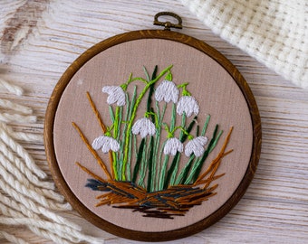 Patrón de bordado de flores de primavera, patrón de campanillas de nieve de bordado, patrón de bordado de flores blancas, principiantes de bordado a mano