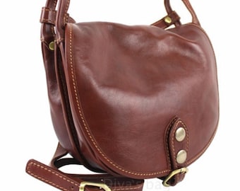 Women's Full Grain Leather Crossbody Shoulder Saddle Bag with 2 Compartments and Flap with Snap Button Closure - Small Size - Daniela