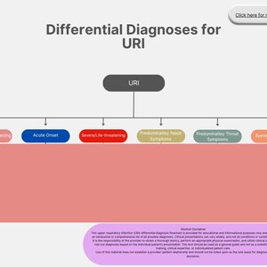 May include: A medical flowchart titled "Differential Diagnoses for URI" with a gray URI box at the top. Below are colored boxes for symptoms: Persistent/Worsening, Acute Onset, Severe/Life-threatening, Predominately Nasal Symptoms, Predominately Throat Symptoms, and Systemic Symptoms.