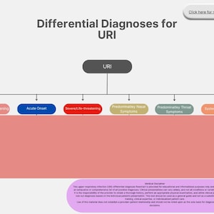 May include: A medical flowchart titled "Differential Diagnoses for URI" with a gray URI box at the top. Below are colored boxes for symptoms: Persistent/Worsening, Acute Onset, Severe/Life-threatening, Predominately Nasal Symptoms, Predominately Throat Symptoms, and Systemic Symptoms.